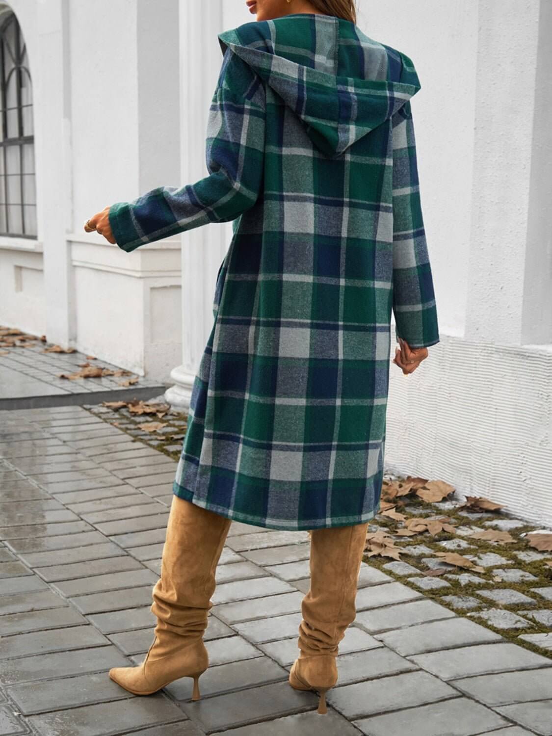 Plaid Long Sleeve Hooded Coat - TayDiane