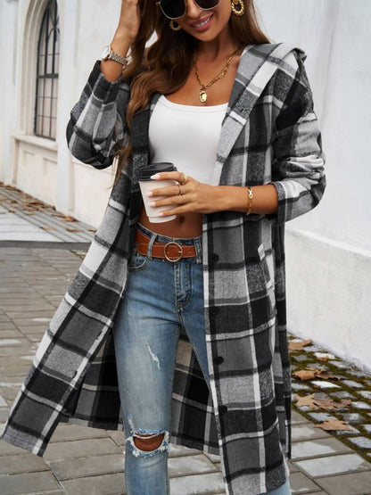 Plaid Long Sleeve Hooded Coat - TayDiane