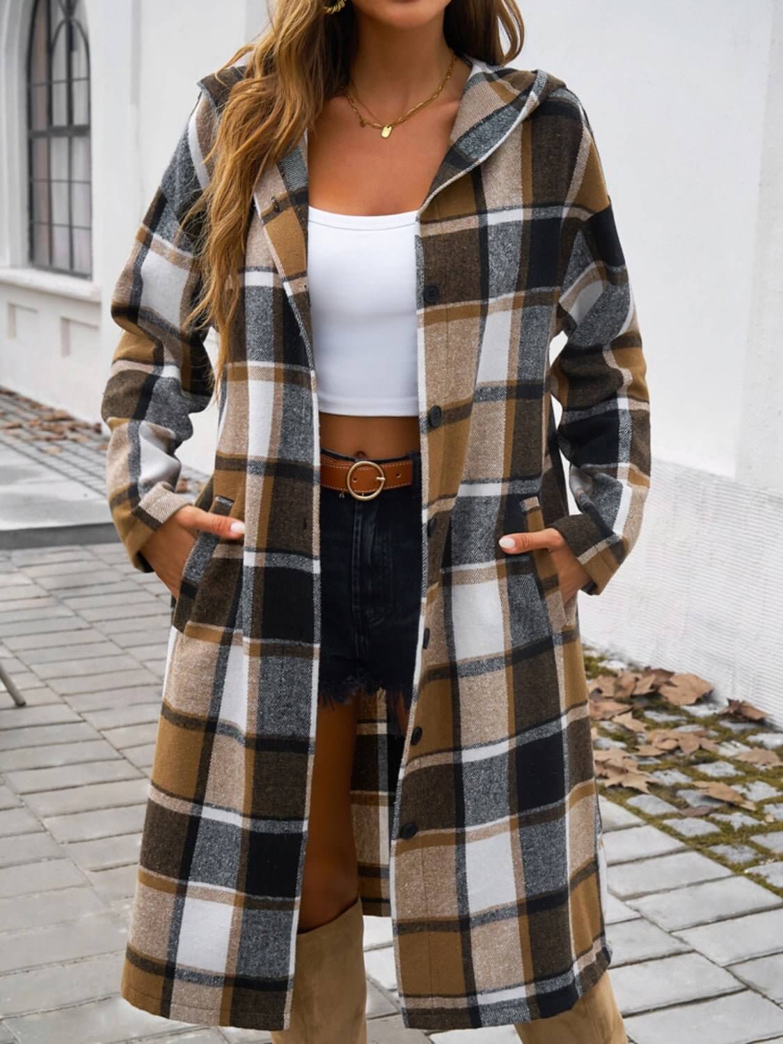 Plaid Long Sleeve Hooded Coat - TayDiane