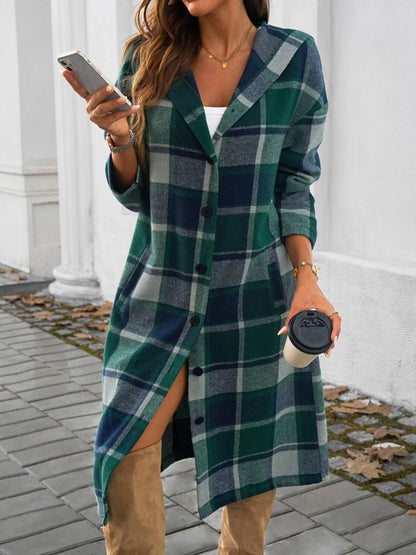 Plaid Long Sleeve Hooded Coat - TayDiane