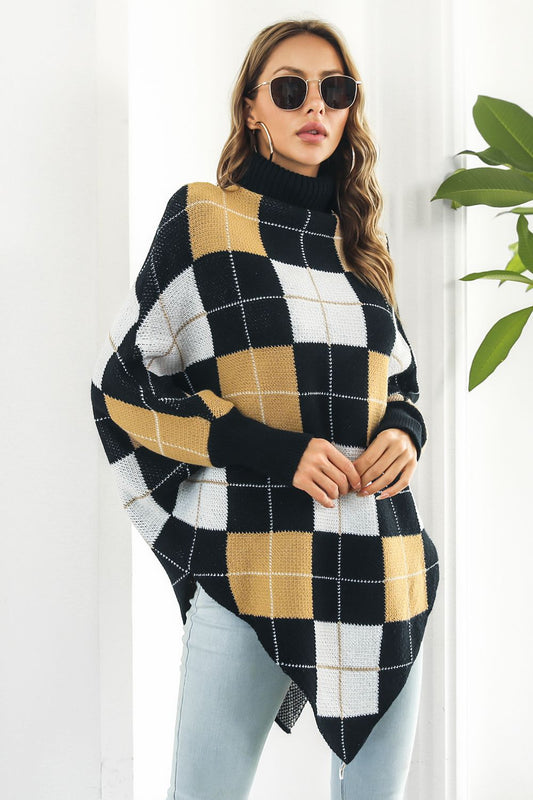 Plaid Turtleneck Dolman Sleeve Poncho - TayDiane