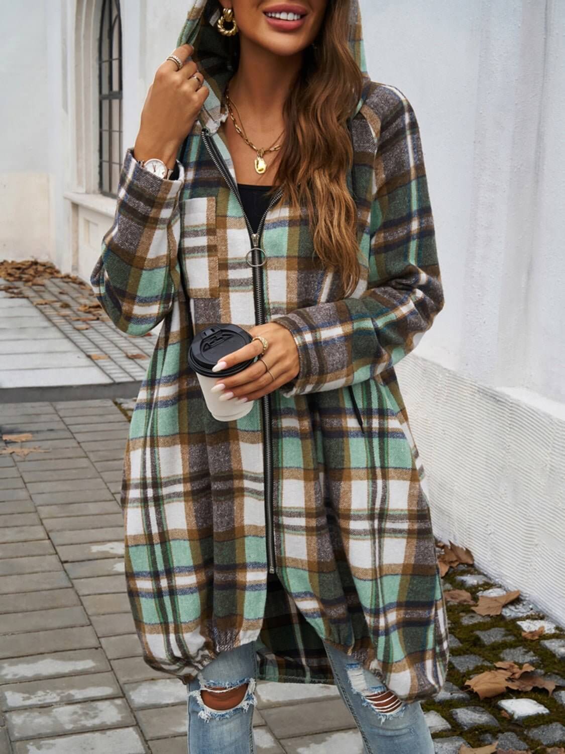 Plaid Zip Up Hooded Coat - TayDiane