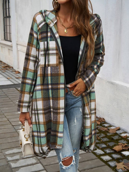 Plaid Zip Up Hooded Coat - TayDiane