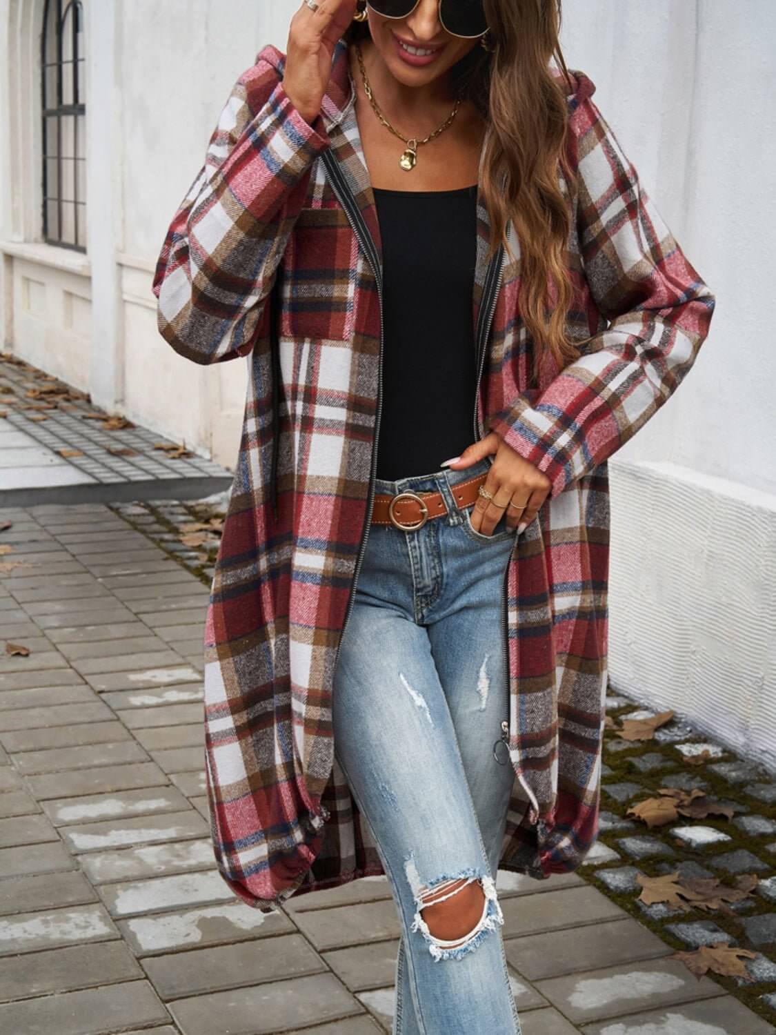 Plaid Zip Up Hooded Coat - TayDiane