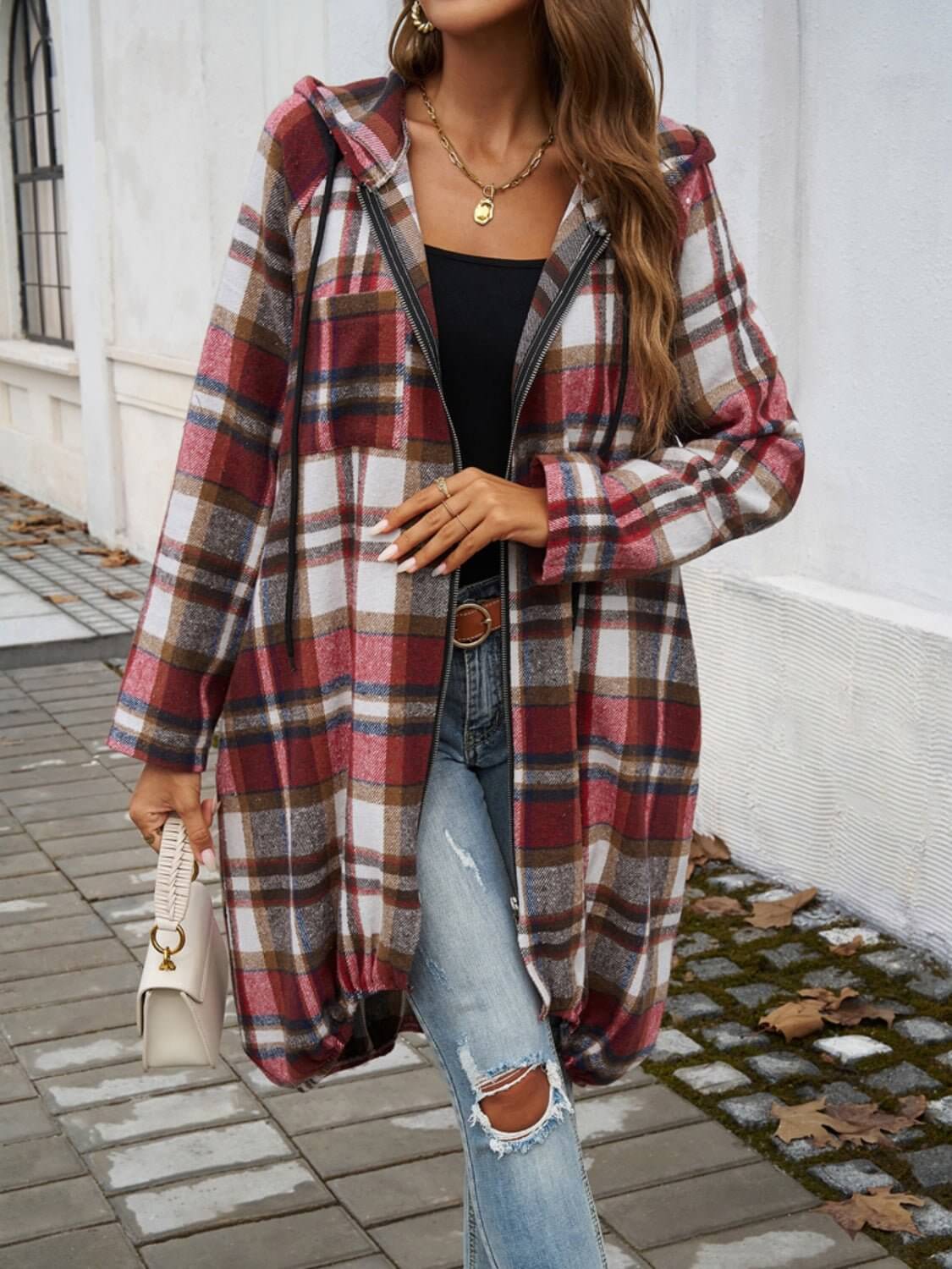 Plaid Zip Up Hooded Coat - TayDiane