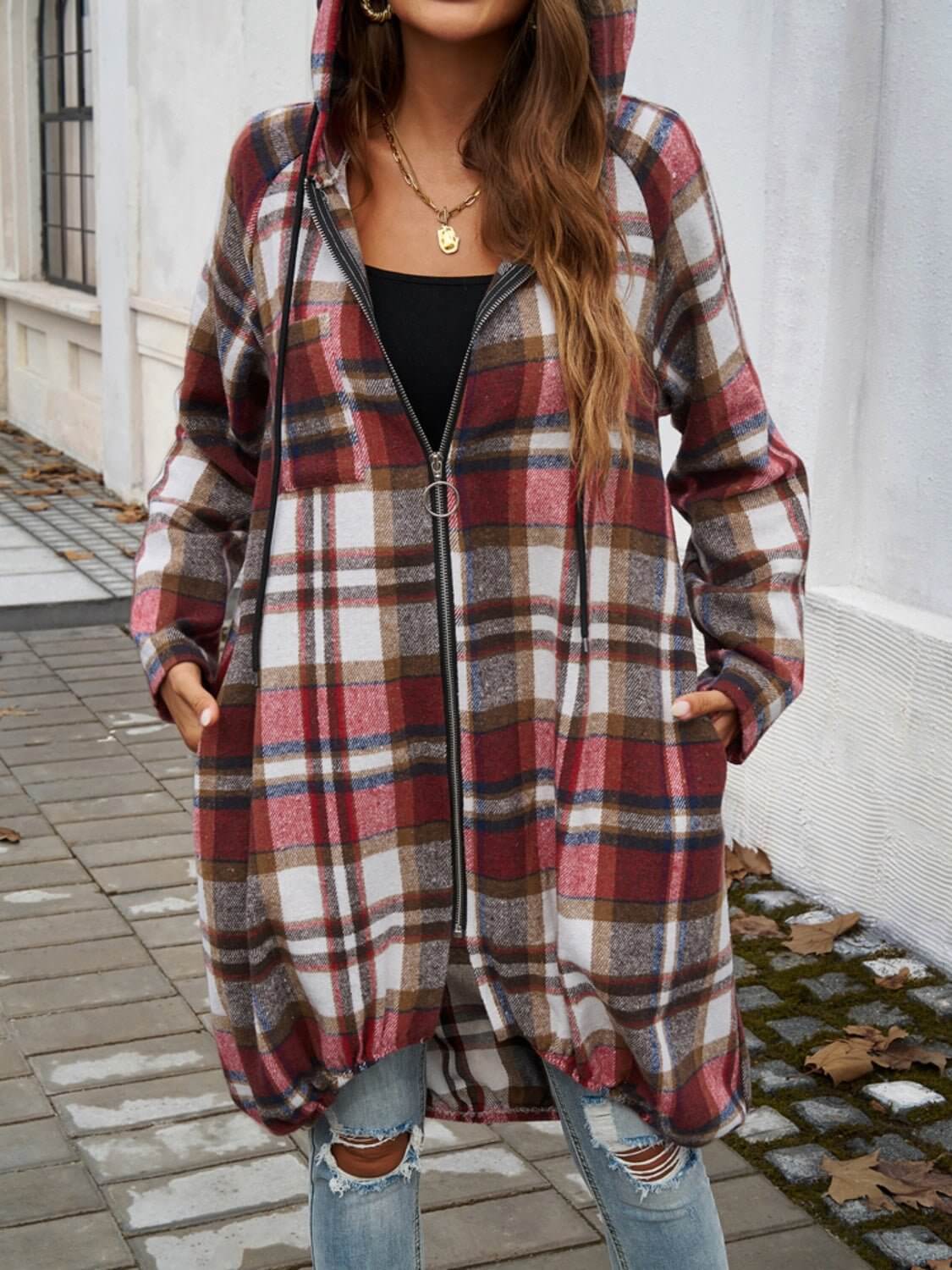 Plaid Zip Up Hooded Coat - TayDiane