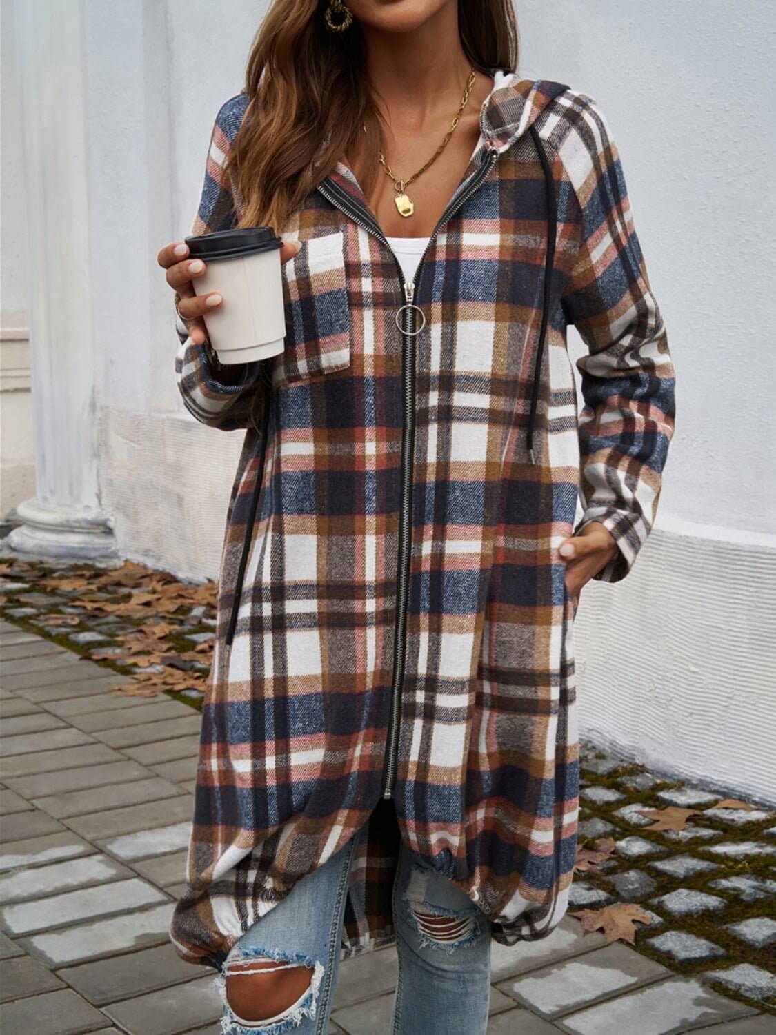 Plaid Zip Up Hooded Coat - TayDiane