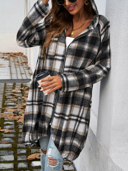 Plaid Zip Up Hooded Coat - TayDiane