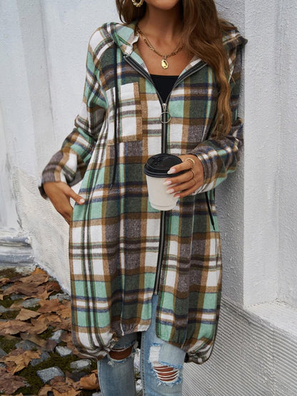 Plaid Zip Up Hooded Coat - TayDiane