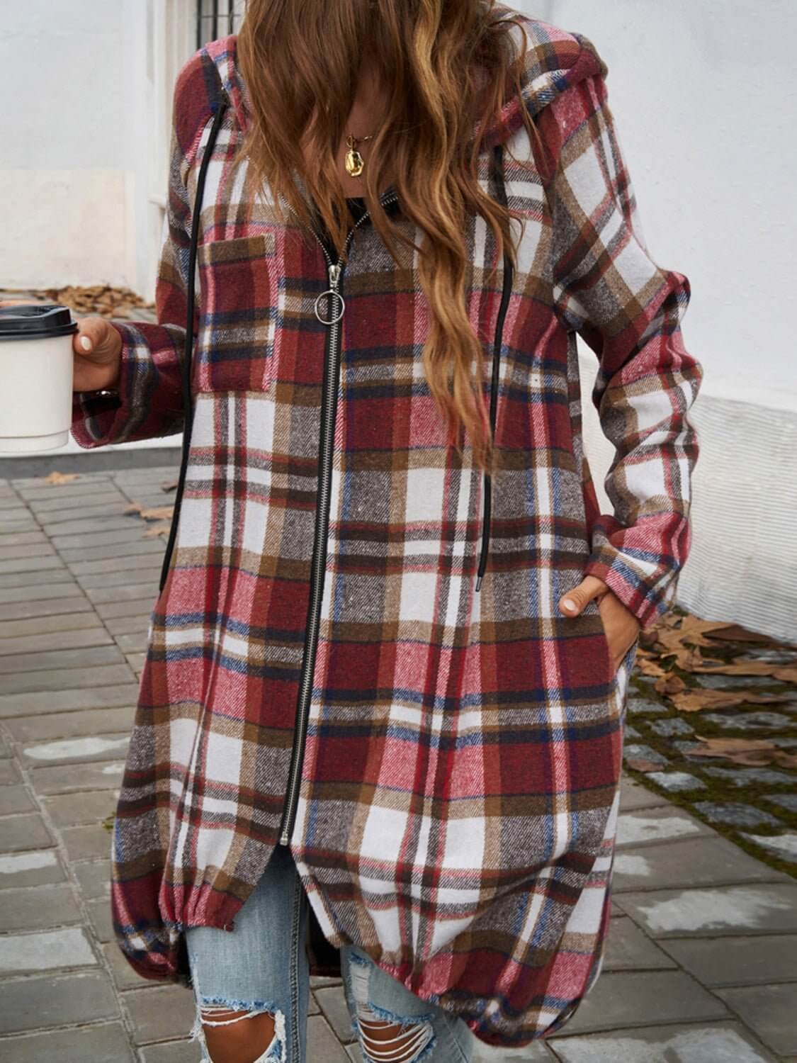 Plaid Zip Up Hooded Coat - TayDiane