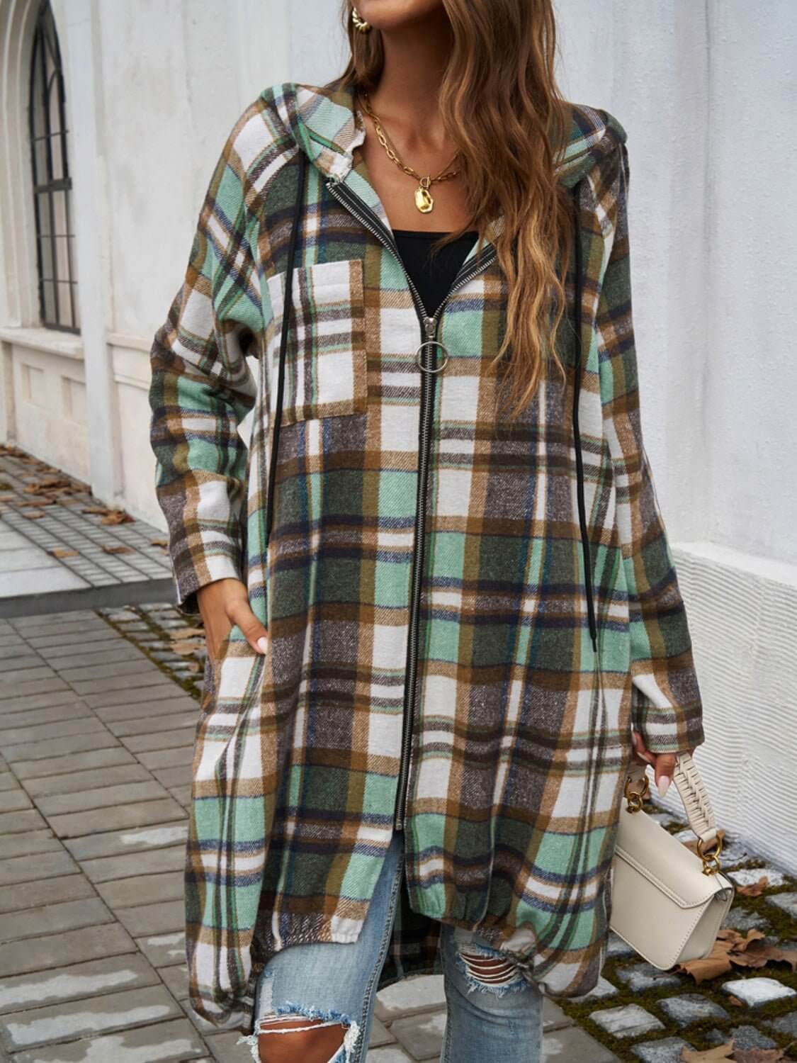 Plaid Zip Up Hooded Coat - TayDiane