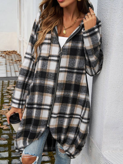 Plaid Zip Up Hooded Coat - TayDiane