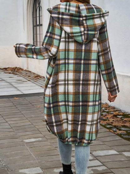 Plaid Zip Up Hooded Coat - TayDiane