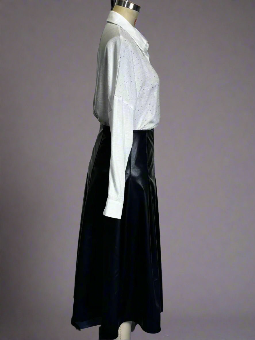 Pleated Faux Leather Swing Skirt - TayDiane