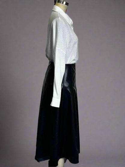 Pleated Faux Leather Swing Skirt - TayDiane