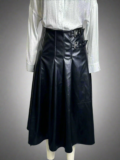 Pleated Faux Leather Swing Skirt - TayDiane