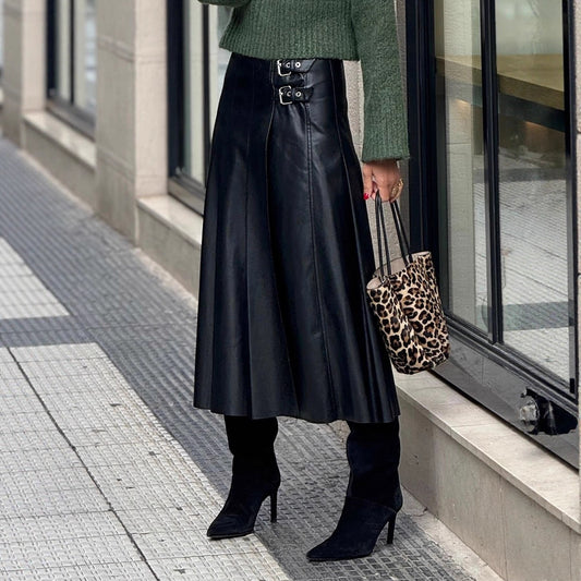 Pleated Faux Leather Swing Skirt - TayDiane