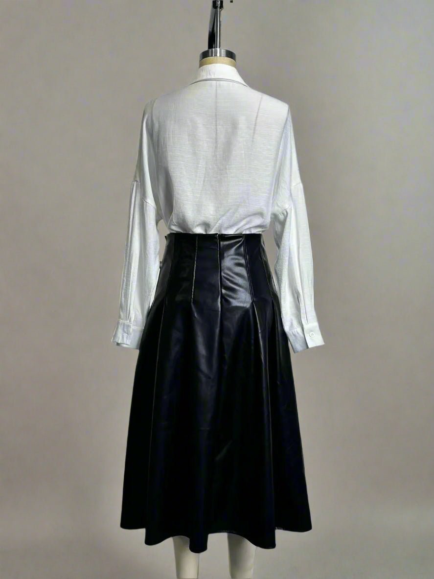 Pleated Faux Leather Swing Skirt - TayDiane