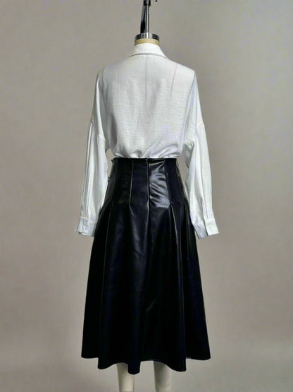 Pleated Faux Leather Swing Skirt - TayDiane