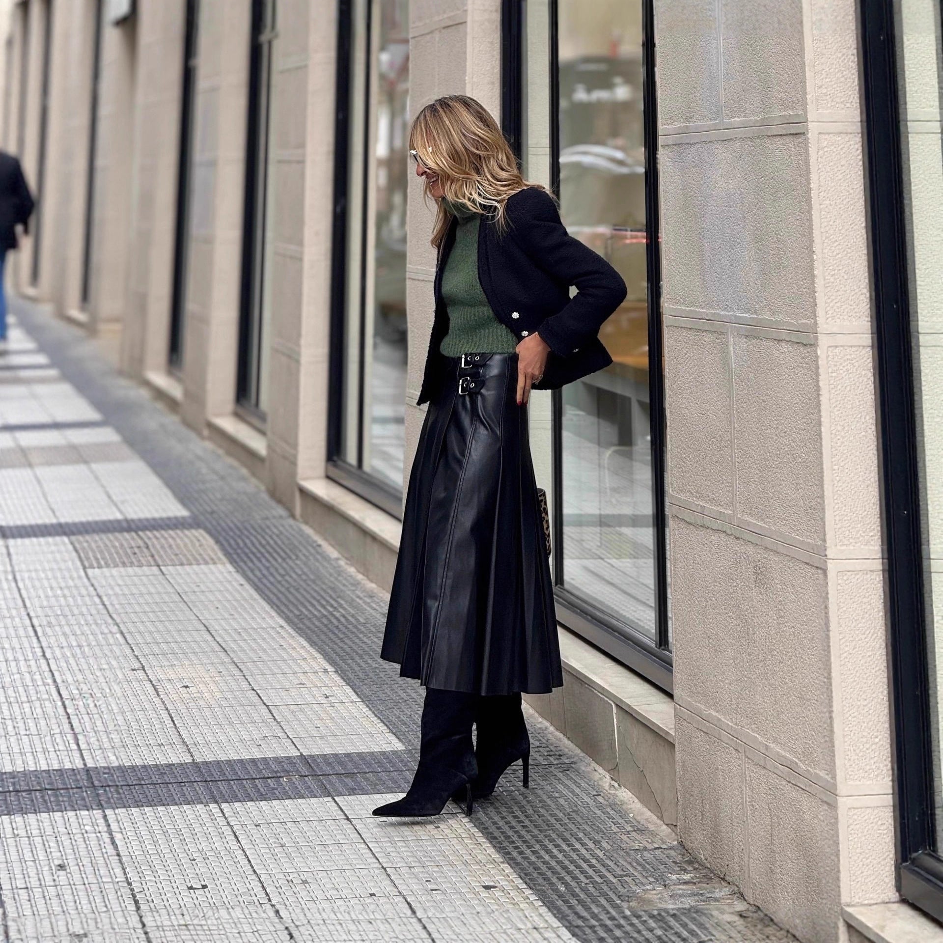 Pleated Faux Leather Swing Skirt - TayDiane