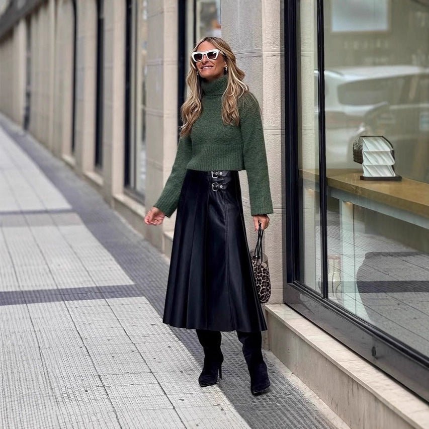 Pleated Faux Leather Swing Skirt - TayDiane