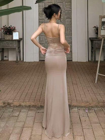Pleated Twist Lace Stitching Maxi Dress - TayDiane