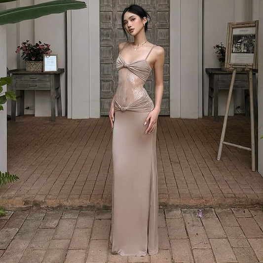 Pleated Twist Lace Stitching Maxi Dress - TayDiane