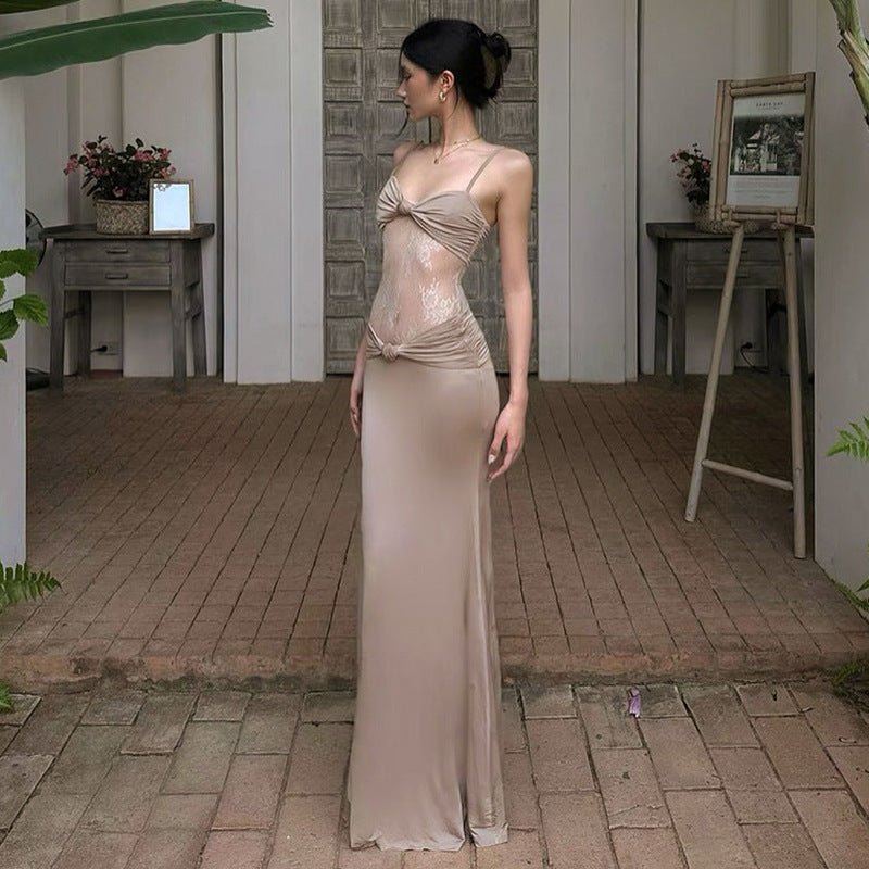 Pleated Twist Lace Stitching Maxi Dress - TayDiane