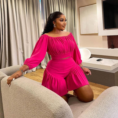 plus Size Women Clothing Pleated off Neck Fluffy Waist Trimming Casual Two Piece Sets - Taydiane