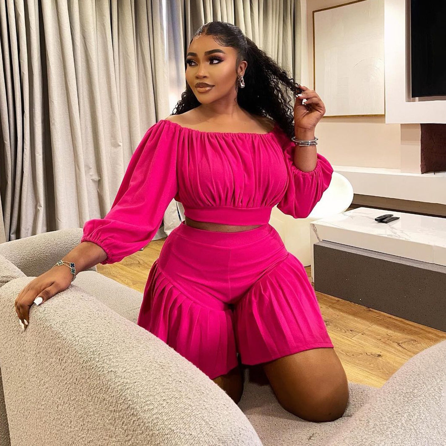 plus Size Women Clothing Pleated off Neck Fluffy Waist Trimming Casual Two Piece Sets - Taydiane