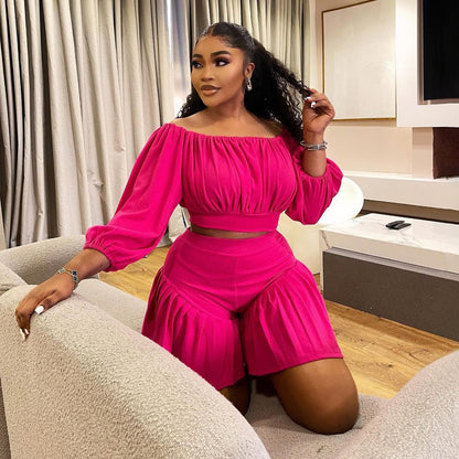plus Size Women Clothing Pleated off Neck Fluffy Waist Trimming Casual Two Piece Sets - Taydiane