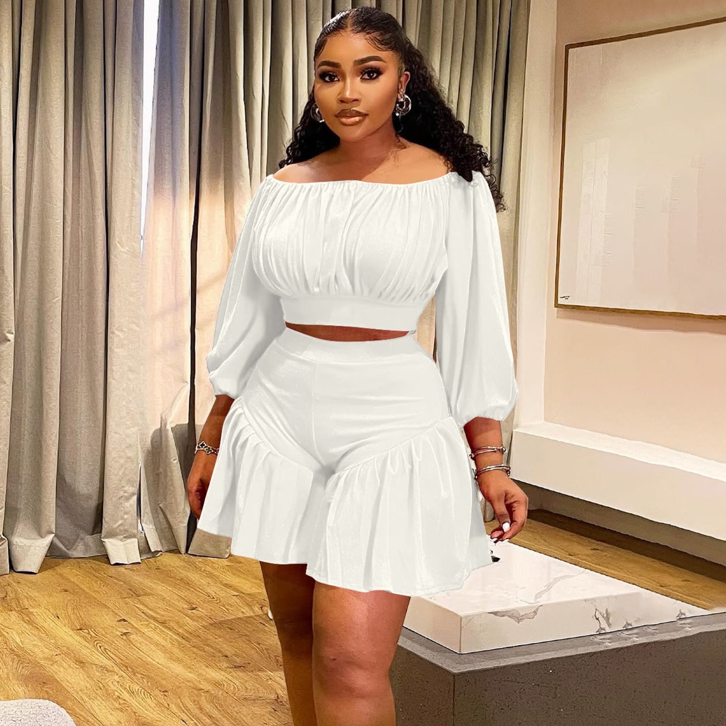 plus Size Women Clothing Pleated off Neck Fluffy Waist Trimming Casual Two Piece Sets - Taydiane