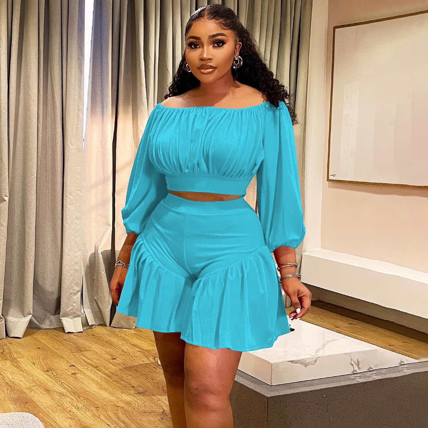 plus Size Women Clothing Pleated off Neck Fluffy Waist Trimming Casual Two Piece Sets - Taydiane