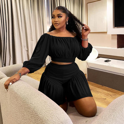 plus Size Women Clothing Pleated off Neck Fluffy Waist Trimming Casual Two Piece Sets - Taydiane