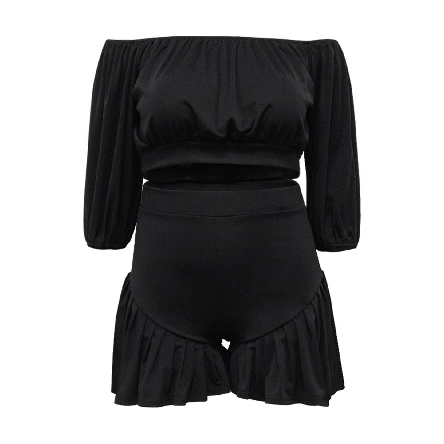plus Size Women Clothing Pleated off Neck Fluffy Waist Trimming Casual Two Piece Sets - Taydiane