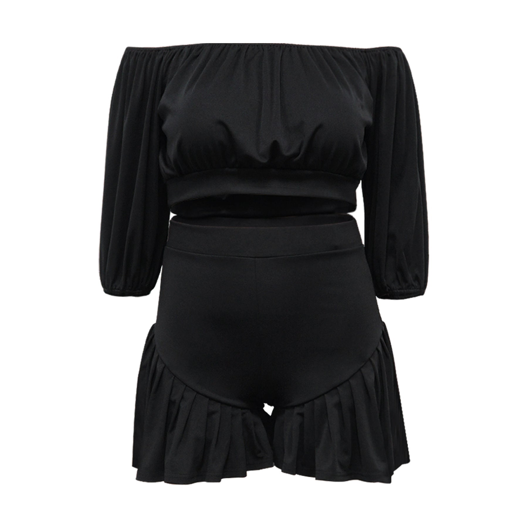 plus Size Women Clothing Pleated off Neck Fluffy Waist Trimming Casual Two Piece Sets - Taydiane