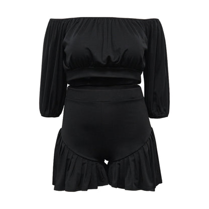 plus Size Women Clothing Pleated off Neck Fluffy Waist Trimming Casual Two Piece Sets - Taydiane