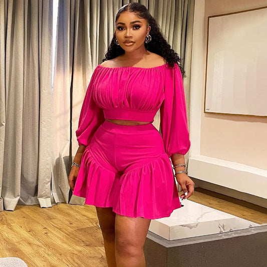plus Size Women Clothing Pleated off Neck Fluffy Waist Trimming Casual Two Piece Sets - Taydiane