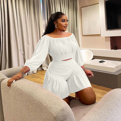 plus Size Women Clothing Pleated off Neck Fluffy Waist Trimming Casual Two Piece Sets - Taydiane