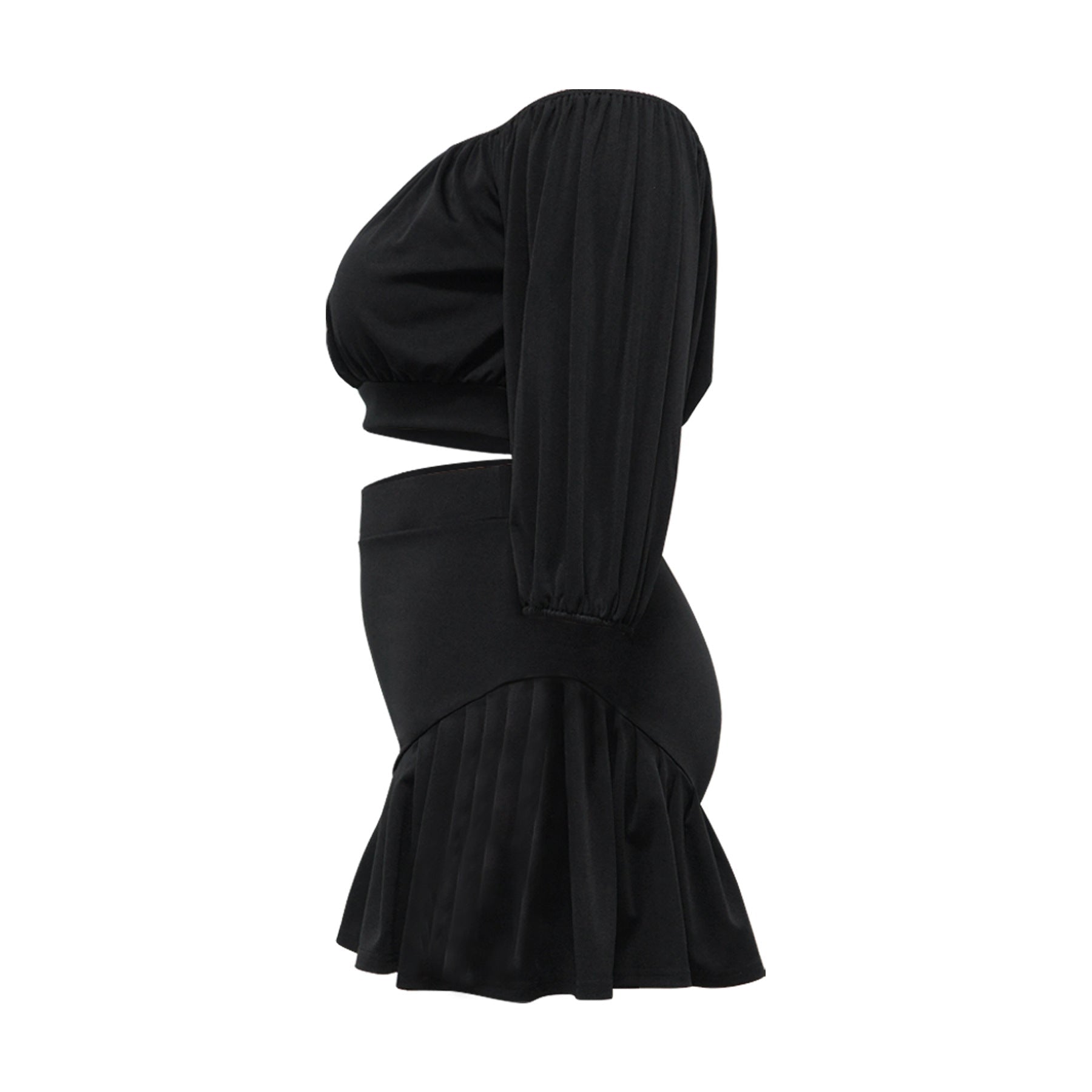 plus Size Women Clothing Pleated off Neck Fluffy Waist Trimming Casual Two Piece Sets - Taydiane