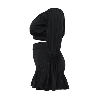 plus Size Women Clothing Pleated off Neck Fluffy Waist Trimming Casual Two Piece Sets - Taydiane