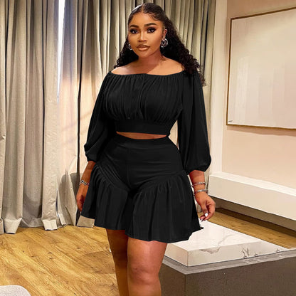 plus Size Women Clothing Pleated off Neck Fluffy Waist Trimming Casual Two Piece Sets - Taydiane