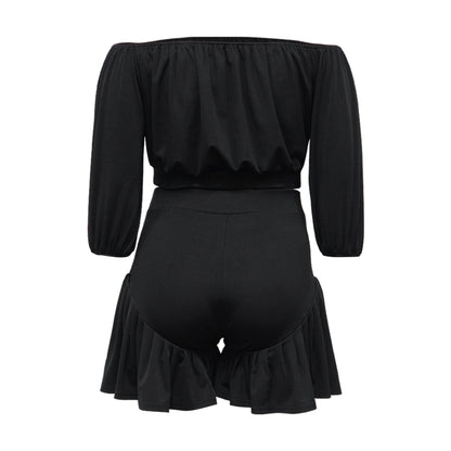 plus Size Women Clothing Pleated off Neck Fluffy Waist Trimming Casual Two Piece Sets - Taydiane