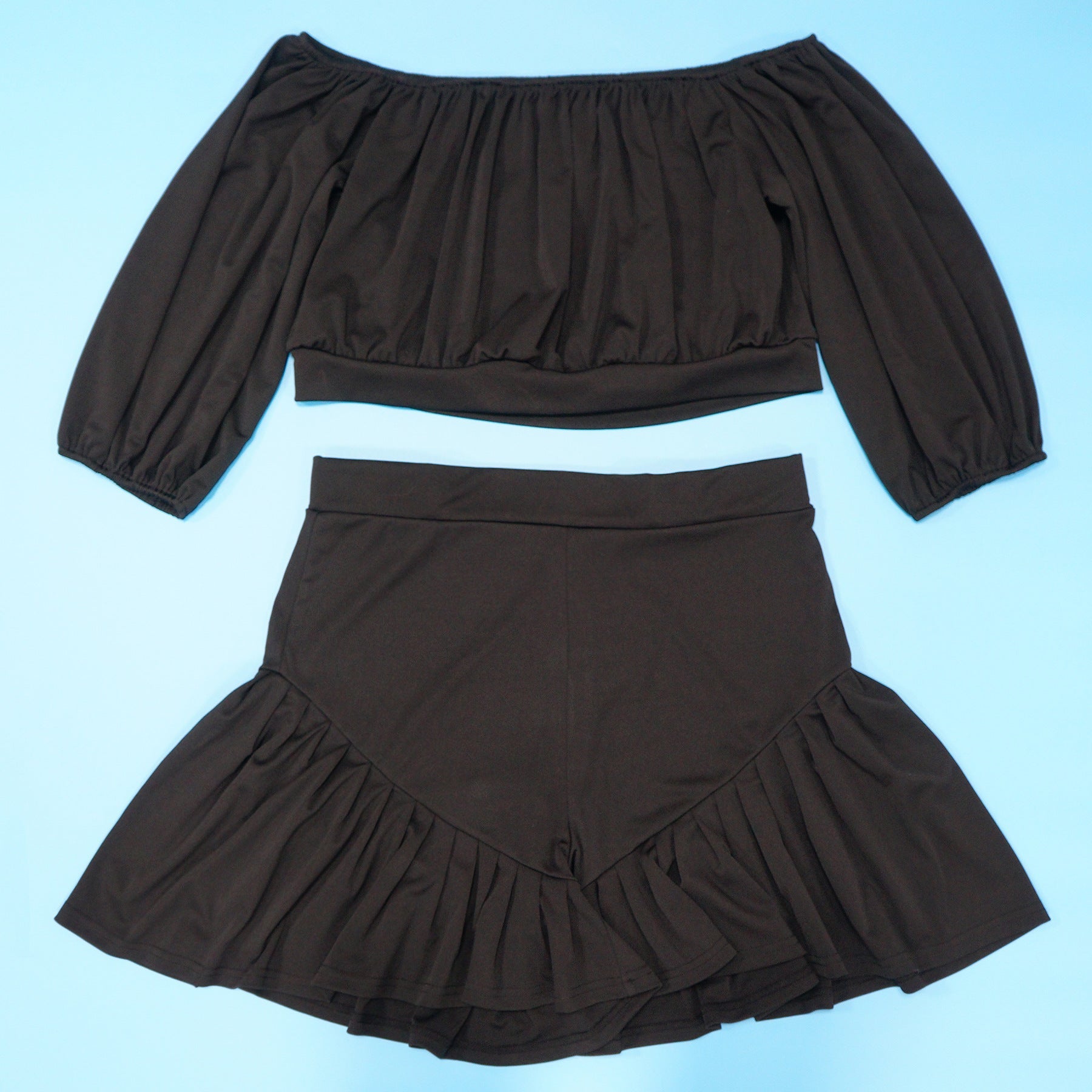 plus Size Women Clothing Pleated off Neck Fluffy Waist Trimming Casual Two Piece Sets - Taydiane