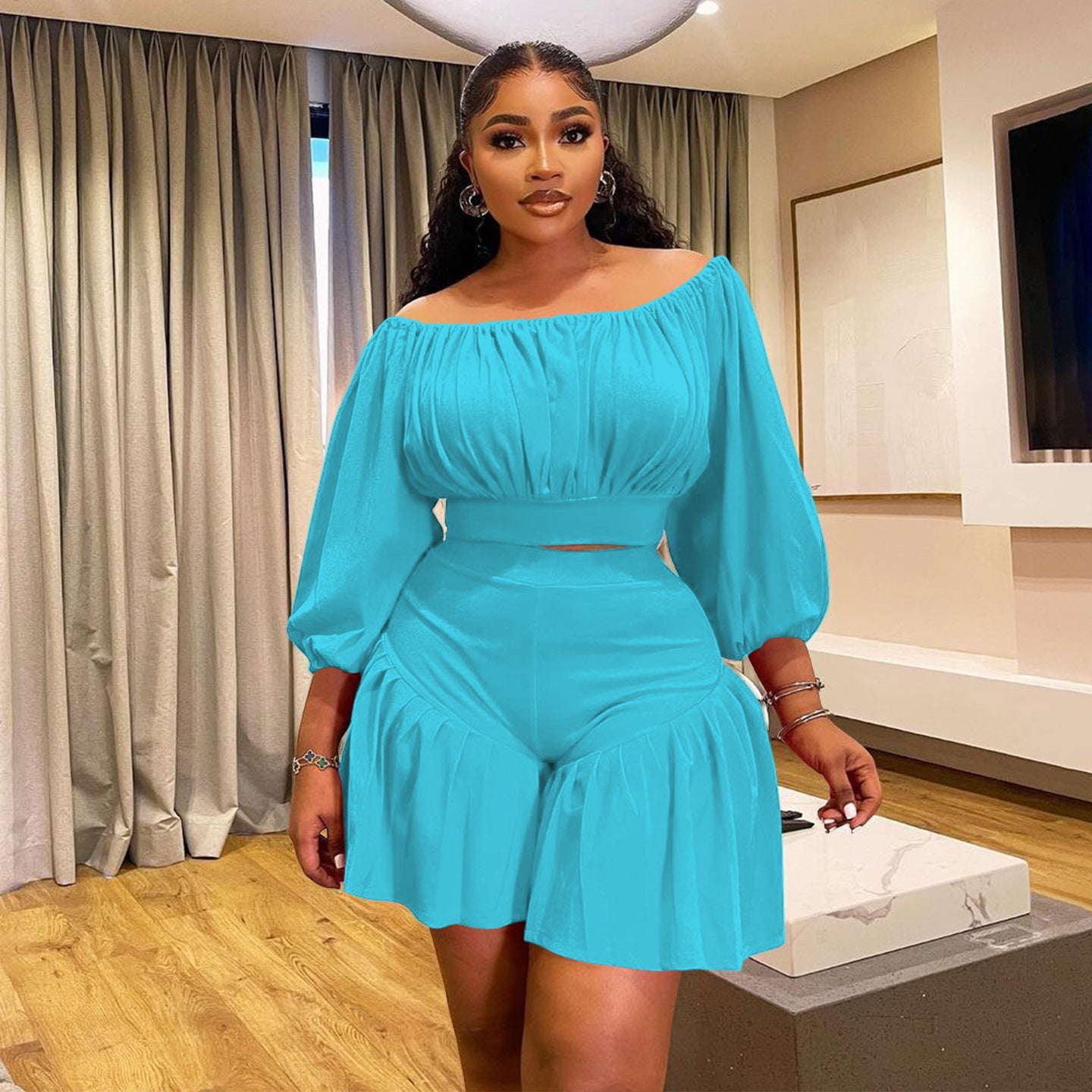 plus Size Women Clothing Pleated off Neck Fluffy Waist Trimming Casual Two Piece Sets - Taydiane