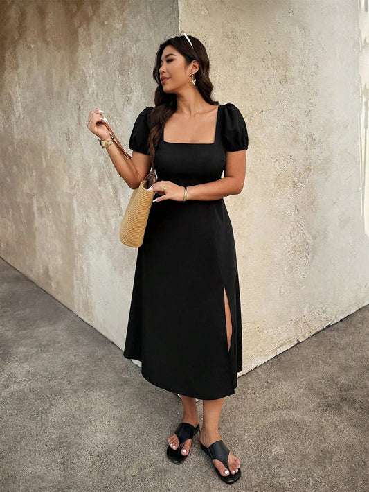 Plus Size Women Elegant Dress Summer Square Collar High Waist A line Midi Dress - TayDiane