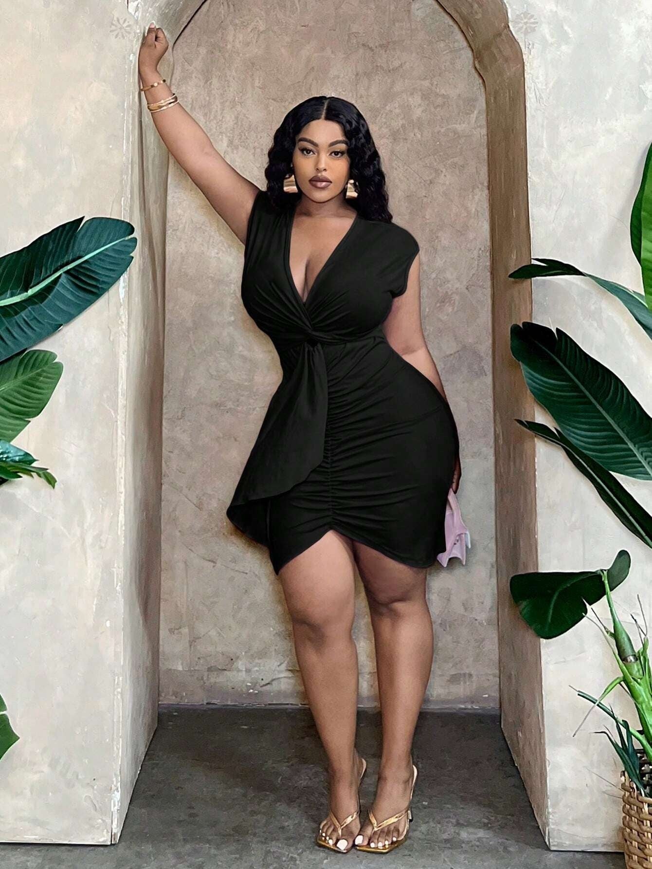 Plus Size Women Sexy Dress Summer V neck Tight Waist Ruffle Hip Short Dress - TayDiane