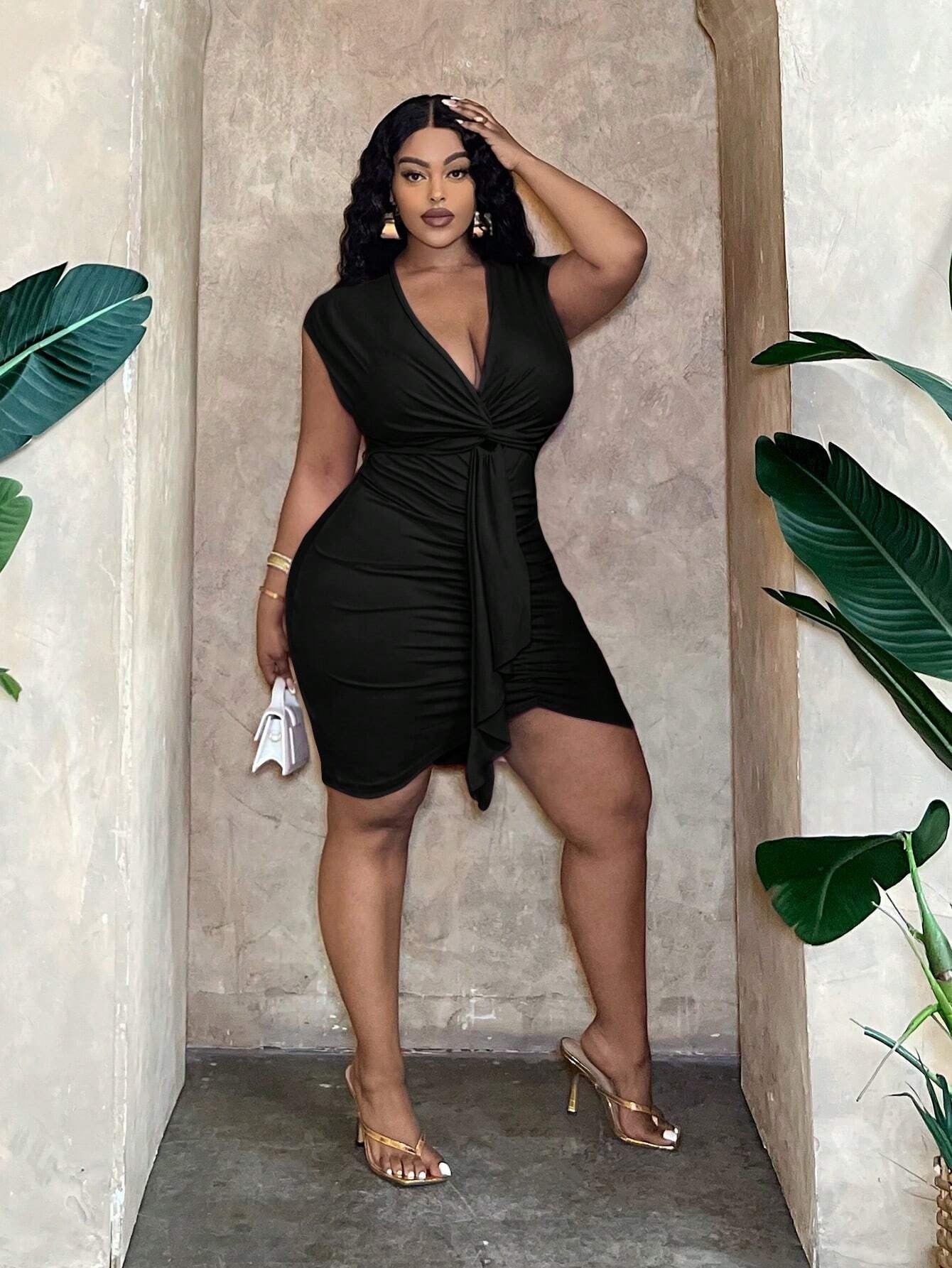 Plus Size Women Sexy Dress Summer V neck Tight Waist Ruffle Hip Short Dress - TayDiane
