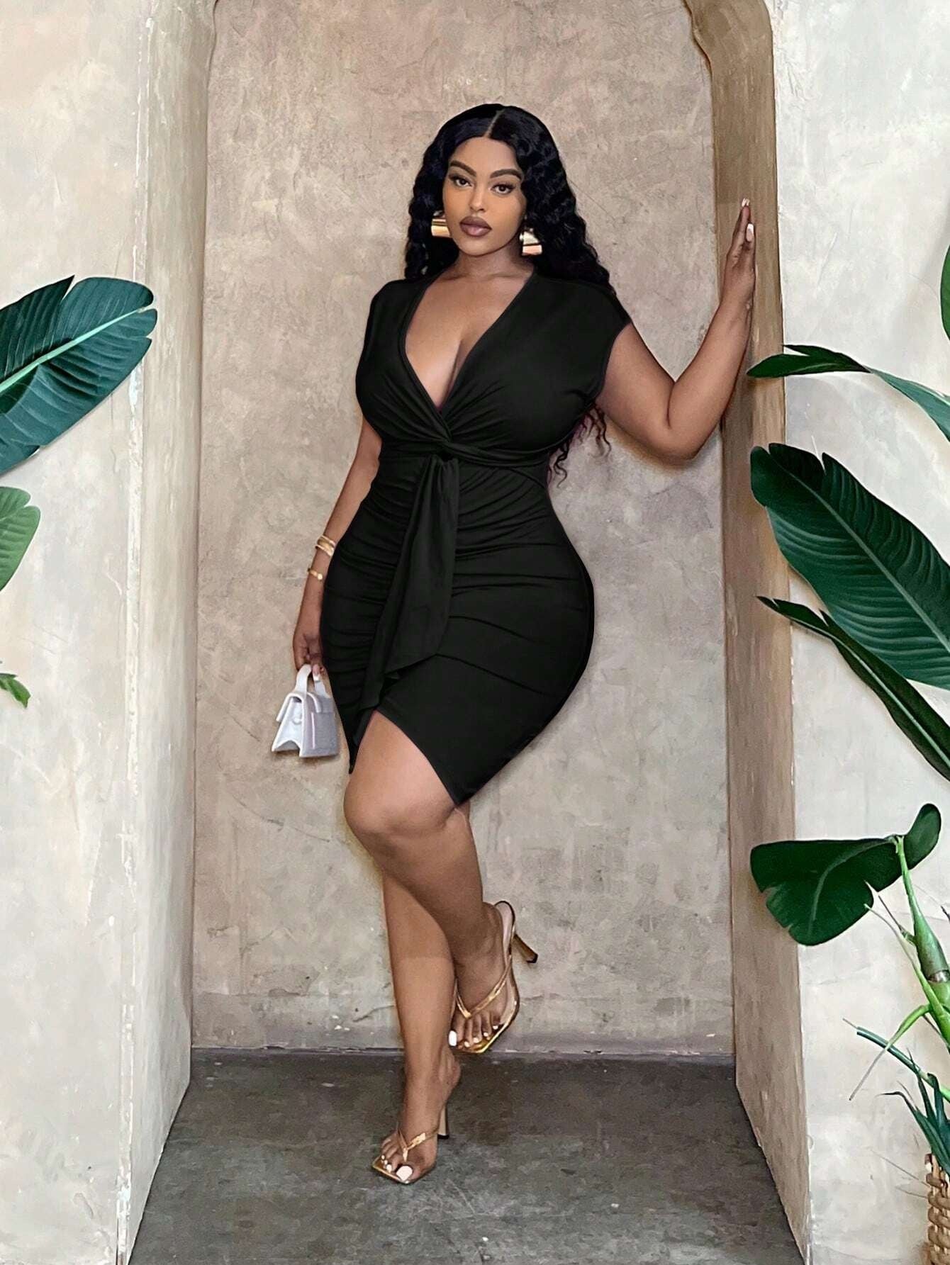 Plus Size Women Sexy Dress Summer V neck Tight Waist Ruffle Hip Short Dress - TayDiane