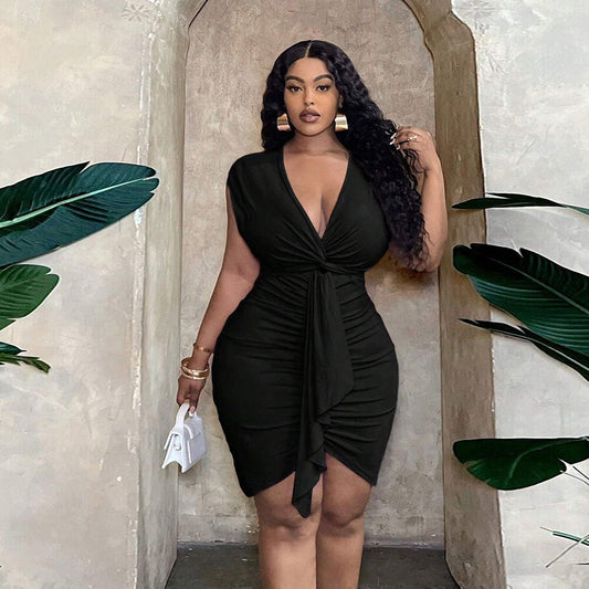 Plus Size Women Sexy Dress Summer V neck Tight Waist Ruffle Hip Short Dress - TayDiane